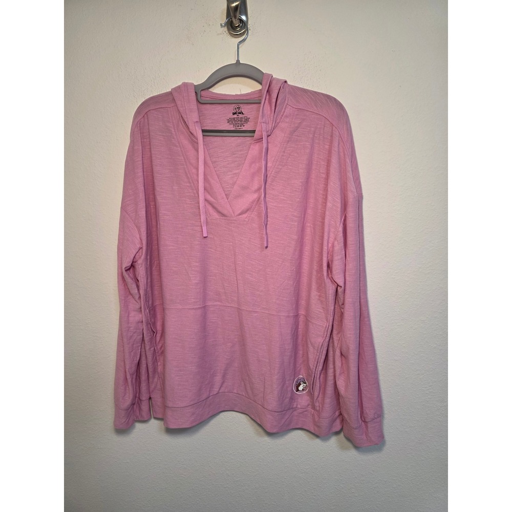 Buc-ees‎ Womens Pink Slub Knit V-Neck Pullover Hoodie Logo Patch Size XL
